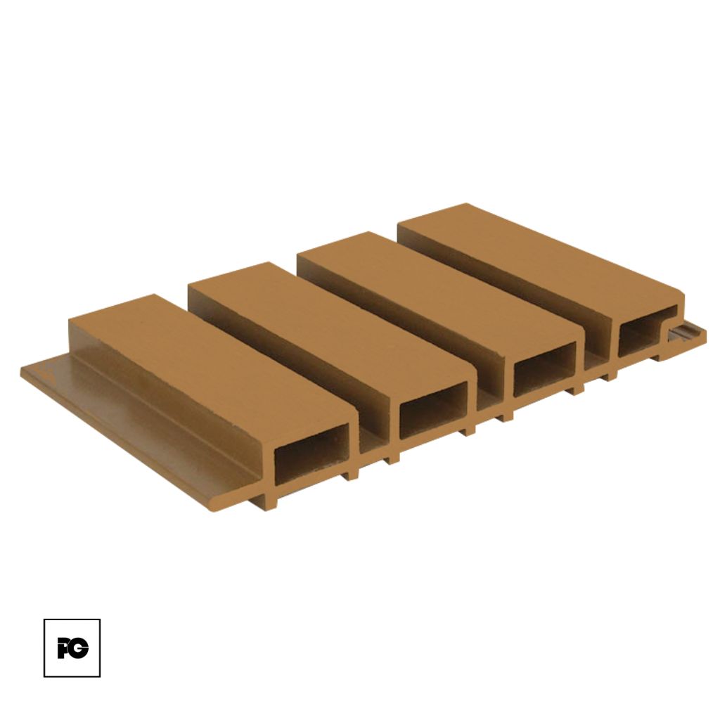Brown modular decking plank with five hollow channels, shown from a side angle at a slight perspective.
